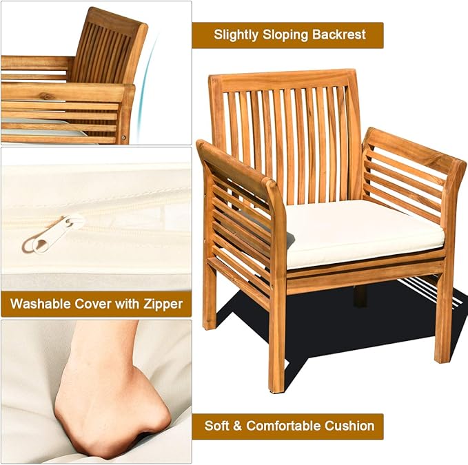 Tangkula 4 Piece Outdoor Acacia Wood Sofa Set with Water Resistant Cushions, Padded Patio Conversation Table Chair Set w/Coffee Table for Garden, Backyard, Poolside (1)