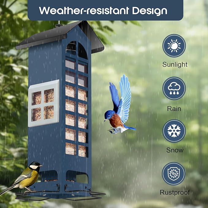 Squirrel Proof Bird Feeder,Metal Mesh Hanging Outdoor Bird Feeders with Weight Activated 2LB Capacity for Finch, Cardinal, Chickadee and Blue Jay-Blue