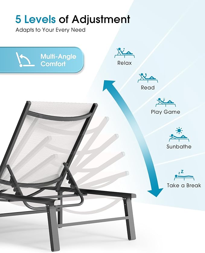 Ciokea Foldable Outdoor Lounge Chair Set of 2, No Assembly Aluminum Chaise Lounge Outdoor with 5 Adjustable Positions, Pool Lounge Chairs with Portable Design for Pool, Beach, Deck, Patio, White