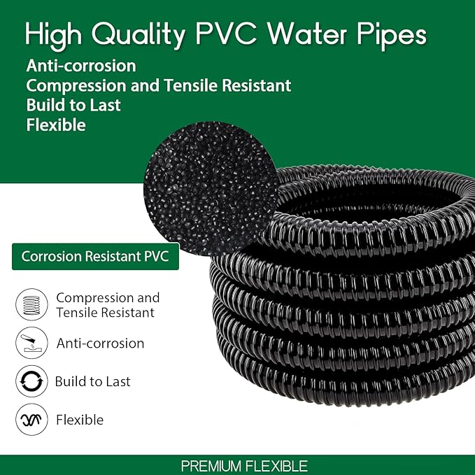 LONGRUN Pond Tubing 1.25 Inch 1-1/4'' Diameter, 23.6 Feet Long Corrugated Flexible Hose Pipe, Pool PVC Tube for Garden Ponds Waterfalls Camping Caravans Filters Drainage Marine