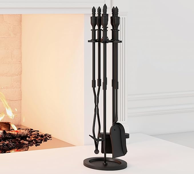 5-Piece Wrought Iron Fireplace Tools Set with Handles Indoor Fireplace Accessories for Modern Décor and Outdoor Fire Pits Includes Poker, Tongs, Shovel, Brush, and Wood Stove Hearth Stand