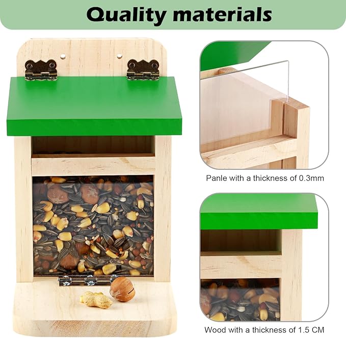 MIXXIDEA Squirrel Feeders for Outside Garden, Wooden Squirrel Feeder Box,Squirrel Feeding Stations with Green Cover, Easy to Fill Squirrel Feeding House(Green-1pk)
