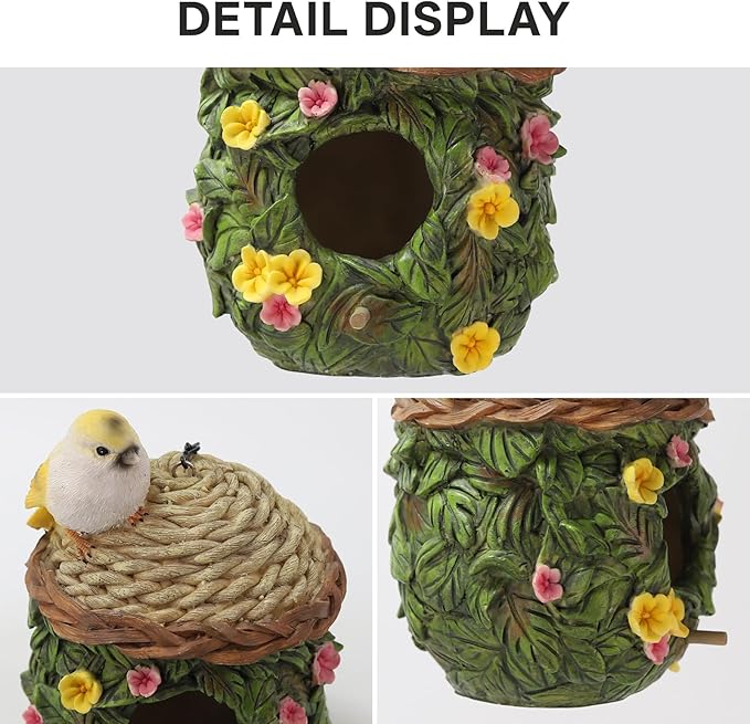 Bird Houses for Outside Bird Nesting Design Resin Birdhouse, Garden Outdoor Decor Bird House with Flower and Leaf Details, Birdhouses for Outdoors for Bluebird Finches Cardinals
