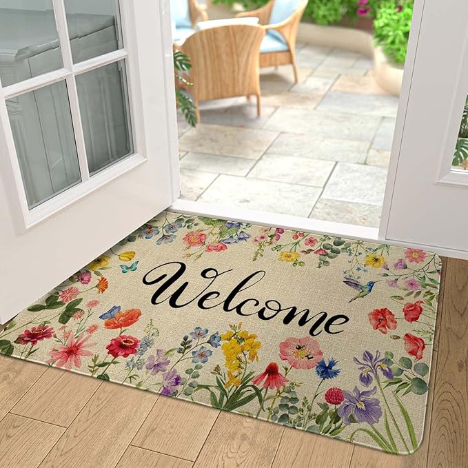 Spring Floral Decor Welcome Entrance Door Mat, Hello Summer Flower Home Decoration Non-Slip Indoor Outdoor Front Doormats Rug 17 x 30 Inch