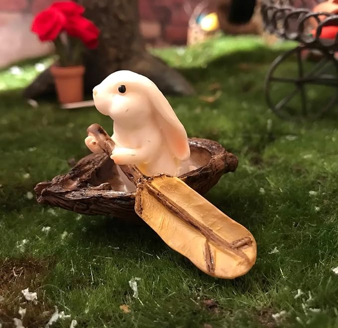 Miniature Bunny Rabbit Nut Boat, Dollhouse Bunny with Paddle in Boat, Mini Rabbit Sitting in Nutshell Boat, for Fairy Garden, Terrarium, Diorama or Mini Gardening, Miniature Woodland Decoration