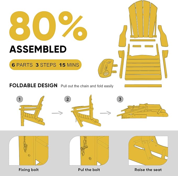 Adirondack Chair, HDPE Folding Adirondack Chair with Multifunctional Cup Holder, Weather Resistant Fire Pit Chair for porches, patios, patios, poolsides, Decks.