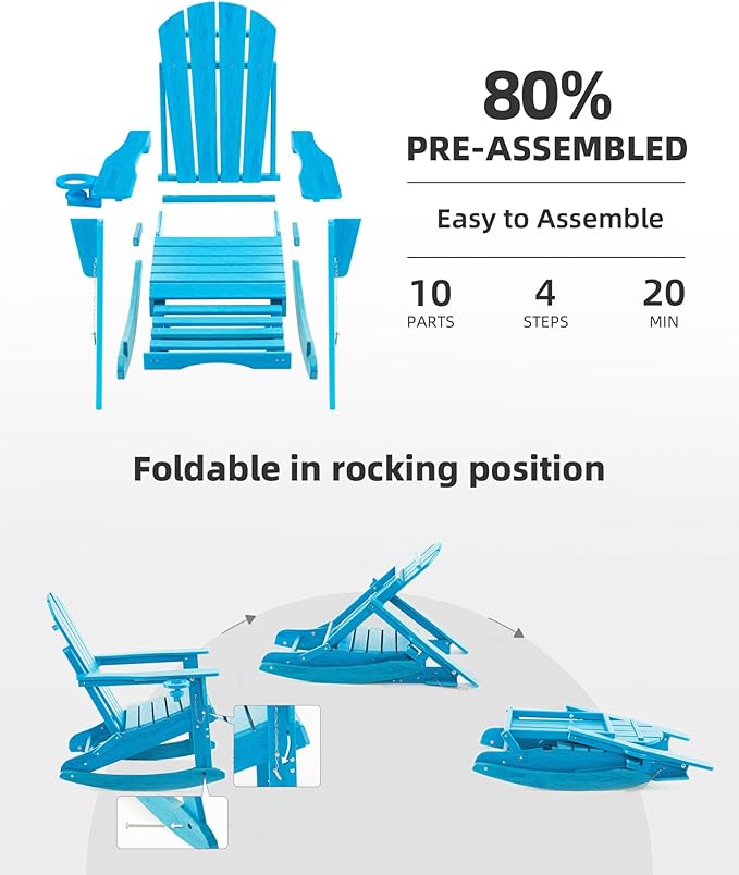 Folding Adirondack Rocking Chair,4-in-1 Multifunctional Patio Chair with Retractable Ottoman, Outdoor Chair Wood Texture, Lawn Chair for Porch, Backyard, Pool(Pacific Blue)