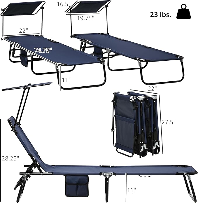 Outsunny Folding Chaise Lounge Pool Lounge Chairs Set of 2, Outdoor Sun Tanning Chairs with Canopy Shade, Reclining Back, Steel Frame and Side Pocket for Beach, Yard, Patio, Dark Blue