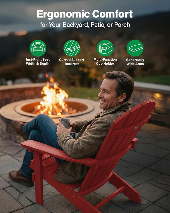 YEFU Adirondack Chairs Set of 4: Outdoor Chair HIPS Plastic Adirondack Chairs - Patio Chairs with Wood Texture - Lawn Fire Pit Deck Porch Garden Chairs for Adults (Red)