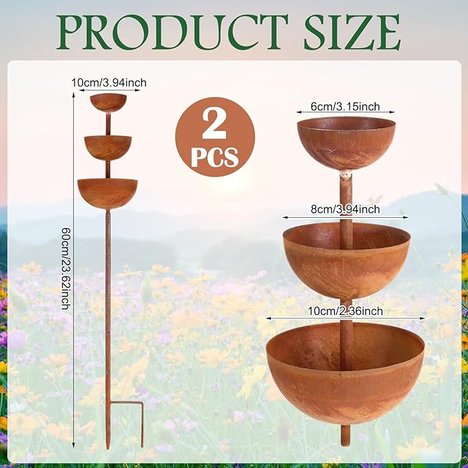 LemonRoad 2 Pack Bee Watering Station 3 Tiered Bowl Shaped Butterfly Water Feeder Small Insects Bathing Stand Rusty Metal Water Catcher Garden Stakes for Outdoor Garden Decor