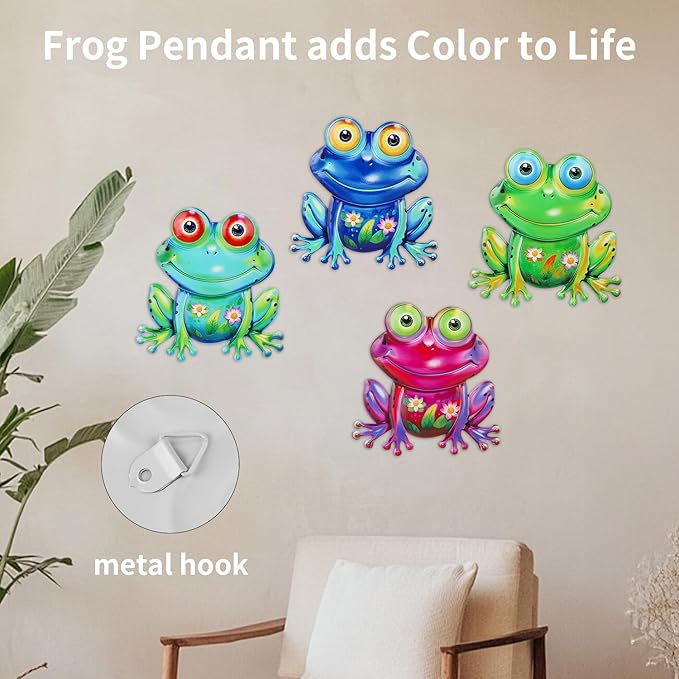 Metal Frog Wall Decor, 4Pcs Frog Iron Wall Art Sculptures Art Frogs Wall Hanging Sculpture Decoration.Outdoor Fence Art for Home Garden, Fence, Patio, Yard, Bedroom Outside Gifts for Adults