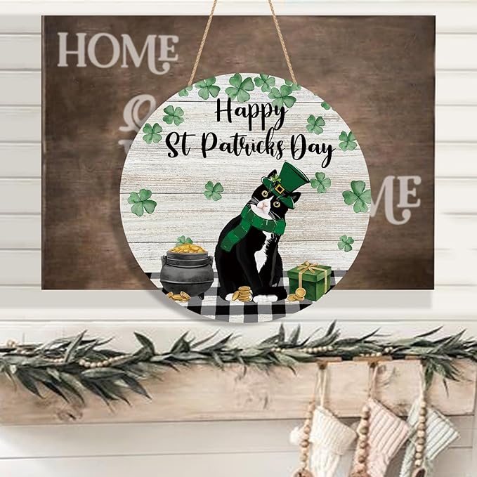 Happy St Patricks Day Cat Door Sign Shamrocks Clovers Tuxedo Cat Wood Door Hanger for Outdoor Outside Porch Holiday Farmhouse Wooden Indoor Wall Hanging Decoration