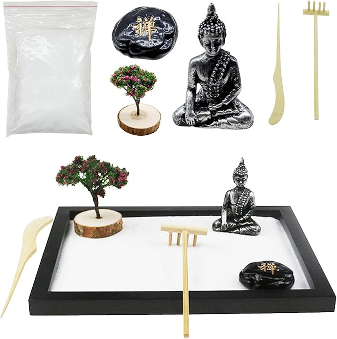 Woohome Mini Zen Garden Kit - Desktop Decor With White Sand, Rocks, Chairs, Towers, Bridges, Model Trees for Home Office