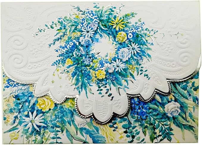 Poster Foundry Set of 3 - Blue Wreath Boxed Note Cards by Carol Wilson. 10 embossed 4x5 Die-Cut Notecards and Matching Envelopes in Decorative Gift Box with Magnetic Flap. NCP3000