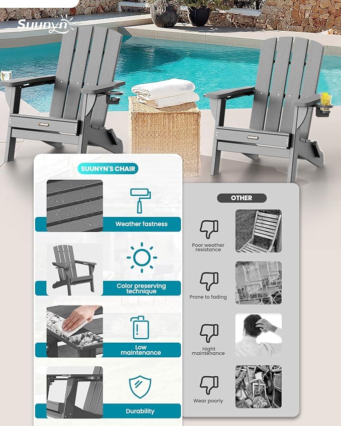 Folding Adirondack Chair 6 Pack, HDPE All-Weather Fire Pit Chairs, Plastic Adirondack Chairs with 2 Cup Holder, Outdoor Lawn Chair for Patio Garden (Grey)