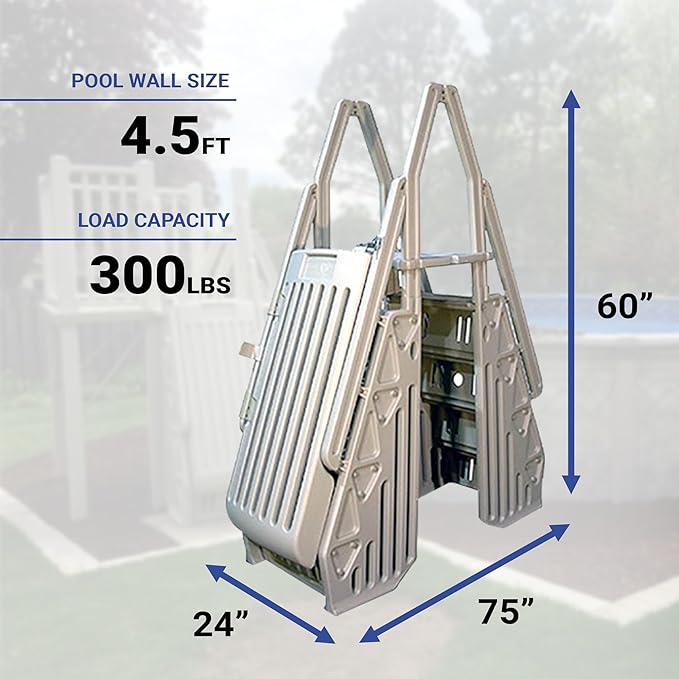 Vinyl Works 24 Inch Double Pool Step Ladder with Gate, Adjustable Stair Entry System with Handrails for Above Ground Swimming Pools, Taupe