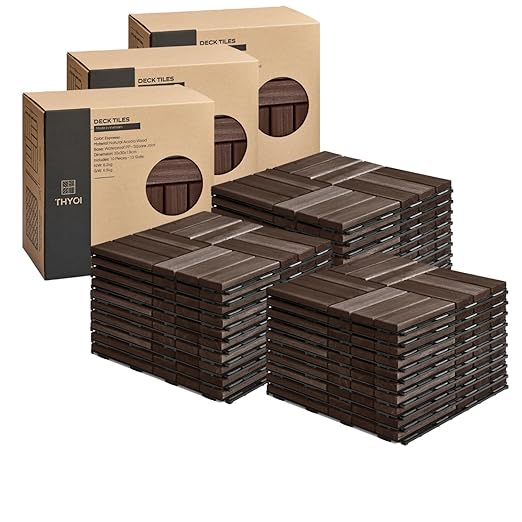 30 Pcs Deck Tiles, Patio Flooring - Outdoor Waterproof Acacia Wood Tiles for All Weather Use - Balcony, Backyard, Indoor & Outdoor (Espresso Crossed Pattern, 30 Square Ft)
