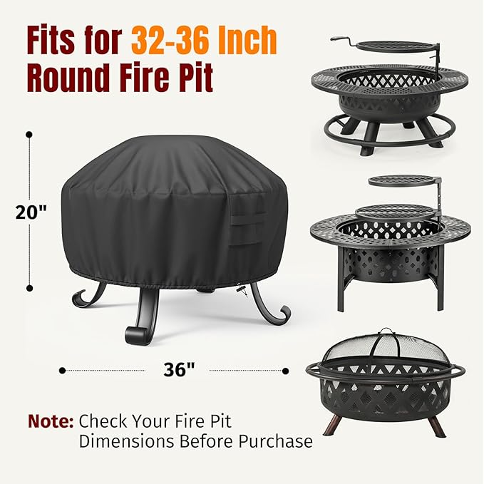 SHINESTAR Fire Pit Cover Round, Fits for 32-36 Inch Fire Pit Table, 600D Heavy Duty Fabric, Waterproof and Windproof, 36" D x 20" H, Black