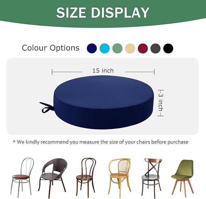Outdoor Bistro Chair Cushions Set of 2, 15" D x 3" H Round Chair Cushions Waterproof and Fade Resistant Chair Cushion Pads with Non-Slip Ties and Removable Covers for Garden, Navy Blue