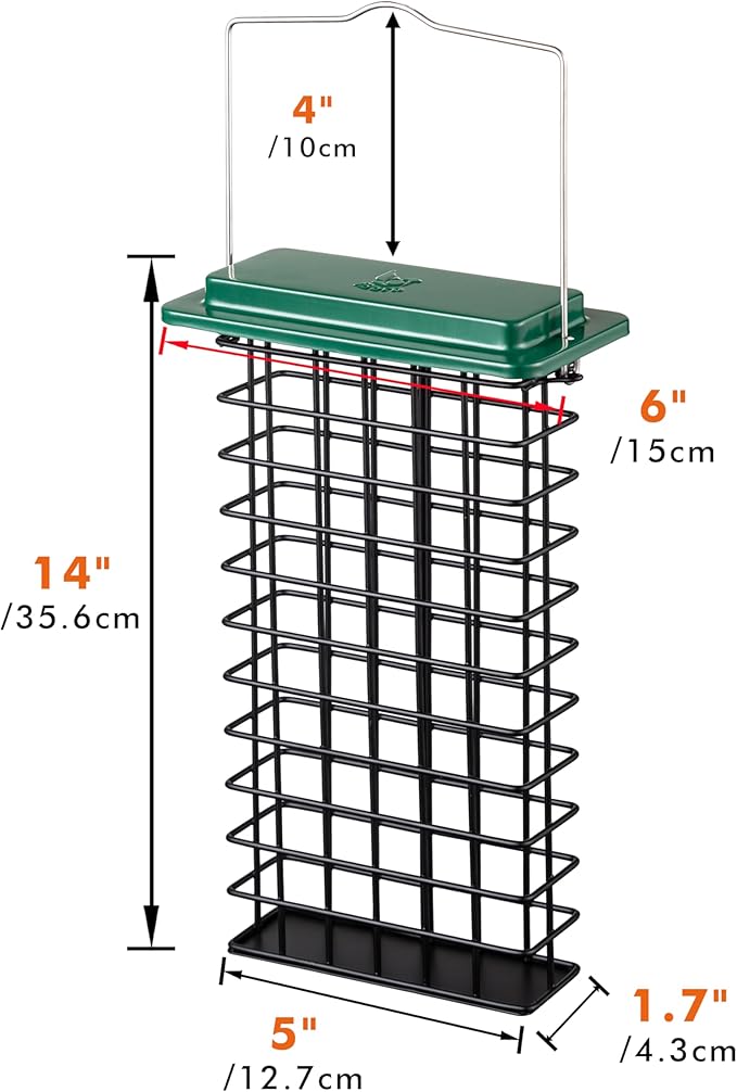 iBorn Metal Double Suet Feeder,Durable Suet Cake Cage Bird Feeder for Outdoors Hanging，Metal Roof Bird Feeder with Taller Grid for Woodpeckers,Large Suet Holder,Easy Clean & Refill,1 Pack,Green