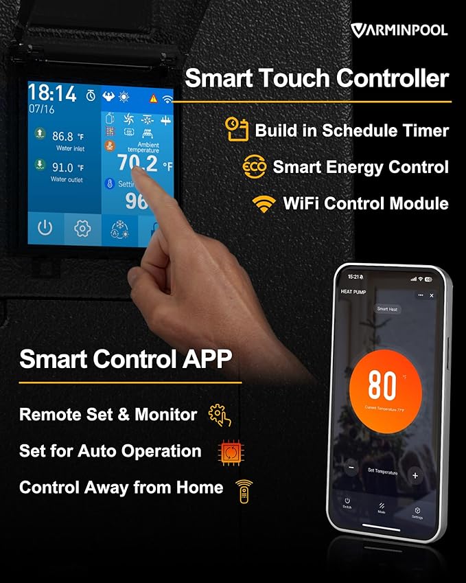 65000BTU Pro Invert Pool Heat Pump for 20000 Gallons Above Ground Pools, WiFi Capable Smart Touch Control Electric Pool Heater for Inground Pools, Timer, Heating&Cooling, 220V