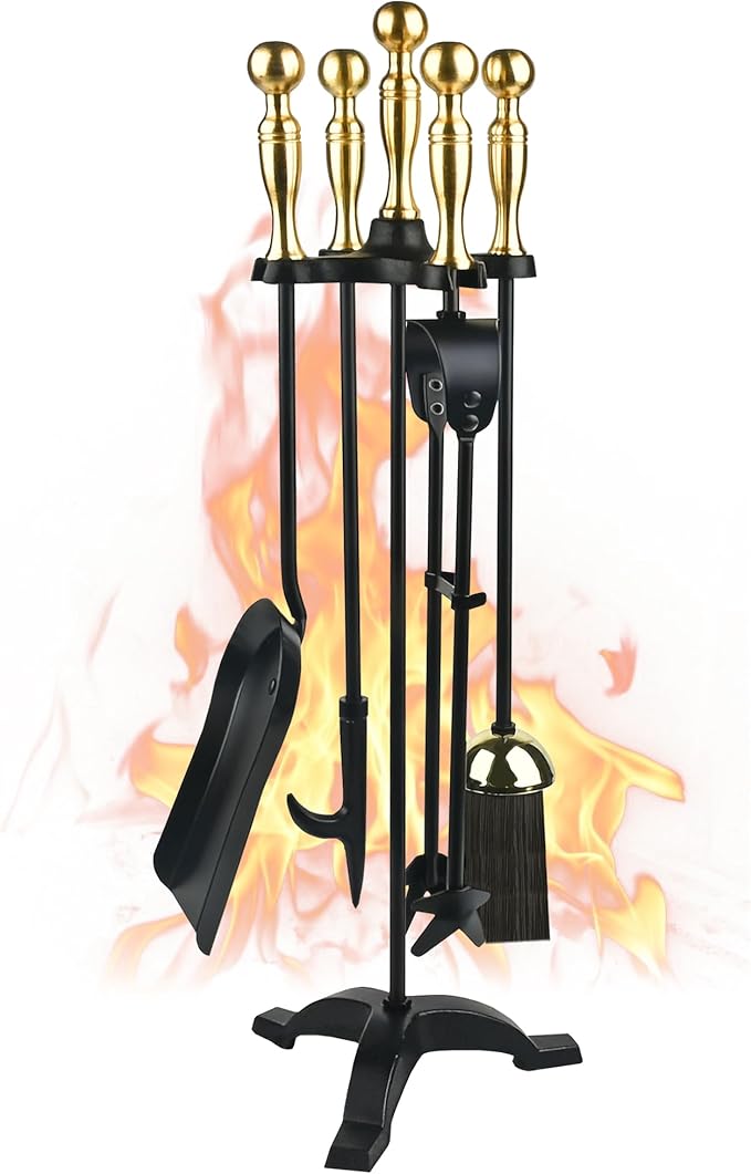 5-Piece Fireplace Tools Set with Stand – Wrought Iron Fire Pit Tool Kit with Poker, Tongs, Shovel, Brush & Heavy-Duty Base for Indoor or Outdoor Fireplaces (Black)