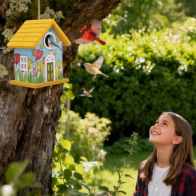 Wooden Bird Houses Bird House for Outside Yellow Wood Bird House for Outdoors,Handmade Painted Tulips Bird Houses for Garden Blue Bird Hummingbird Wren Cardinal Swallow Sparrow Finch Chickadee