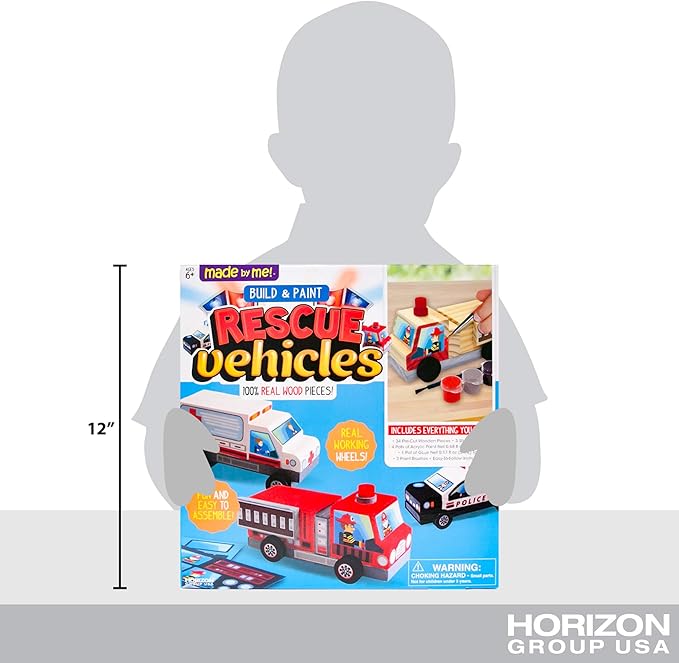 Made By Me Build & Paint Your Own Wooden Toys, DIY Wood Craft Kit, Easy to Assemble, Rescue Vehicles