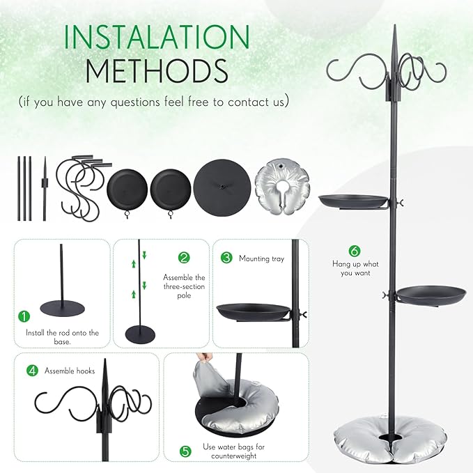 2 Sets 75.9" Shepherd's Hook Stand for Hanging Plant, Bird Feeder, Waterproof Metal & Adjustable Standing Pole Holder for Indoor Outdoor, with 2 Rotatable Rack & Weight Bag (3 Hooks)