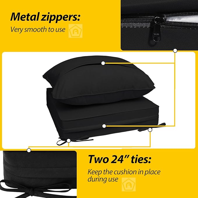 AAAAAcessories Outdoor Deep Seat Cushions, Waterproof, Fade-Resistant Patio Furniture Replacement Cushions, 24" x 24" x 5", Set of 4, Black