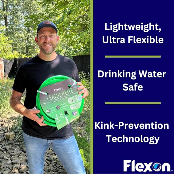 Flexon Featherlite 5/8" x 50-Foot Ultra Flexible Drinking Water Safe Garden Hose – Heavy Duty, Kink-Resistant, Lightweight, Durable, Ideal for Lawn, Garden, and Outdoor Use