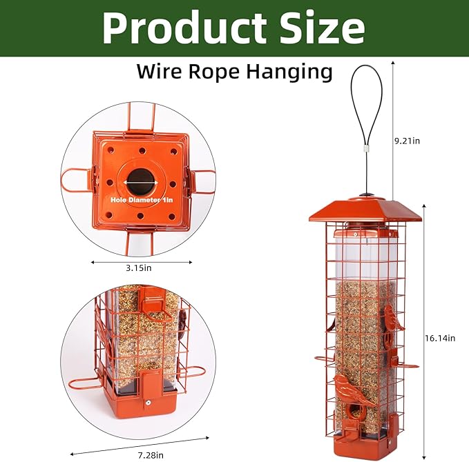 Squirrel Proof Bird Feeder, Metal Mesh Bird Feeder for Outside, Large Capacity and 4 Ports Perches (Orange)