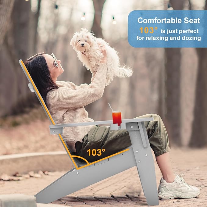 MXIMU Modern Adirondack Chair Weather Resistant with Cup Holder Oversized Fire Pit Chairs Adorondic Plastic Outdoor Chairs for Firepit Area Seating (Grey)