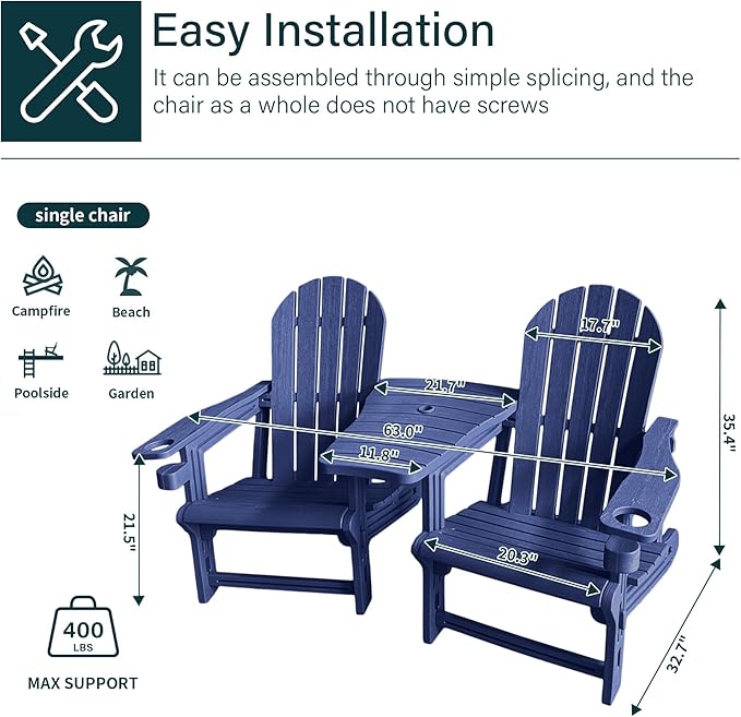HDPE Adirondack Chairs for Outside, All-Weather Patio Chairs with Cup Holder, Outdoor Lawn Chair for Poolside/Fire Pit/Backyard/Deck, Blue Double Adirondack Chair with Table