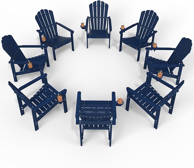 Stackable Adirondack Chair Set of 8, HDPE All-Weather Adirondack Chairs - Durable and Space Saving, Plastic Outdoor Fire Pit Chairs with Cup Holder,Navy Blue