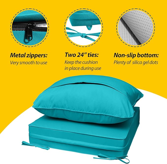 AAAAAcessories Outdoor Seat Cushions for Chairs, Fade-Resistant, Waterproof Patio Furniture Replacement Cushions, 22" x 24" x 5" + 22" x 19", Turquoise Blue