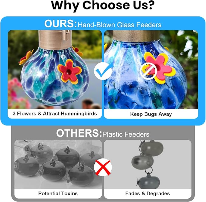Hummingbird Feeder with Solar Light, Glass Hummingbird Feeder for Outdoors, Auto-Lighting Solar Light for Garden Decor, 3 Ports Attract More Birds, Waterproof Lamp, Ideal Gift, Blue