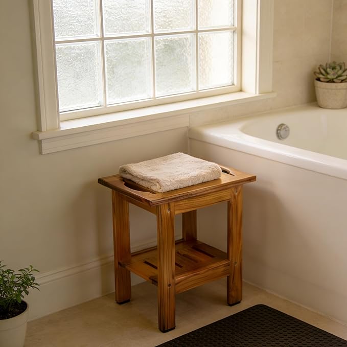 Utoplike Teak Shower Stool, Compact Shower Bench with Shelf & Handle, Foot Rest for Shaving Legs, 2-Tier Small Wooden Bath Seat with Non-Slip Feet for Bathroom, Bathtub, or Outdoor Use