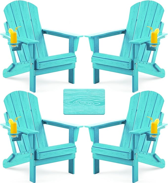 Folding Adirondack Chair Wood Texture, Patio Chairs Weather Resistant, Outdoor Chair, Lawn Chair with Cup Holder, Fire Pit Chair for Deck, Outdoor, Porch, Backyard