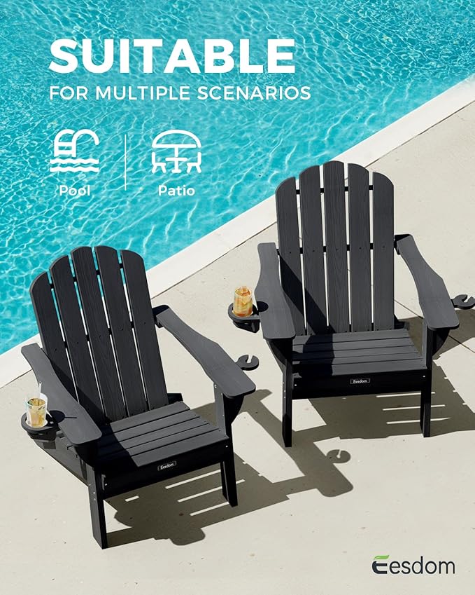 Adirondack Chairs Set of 2, HDPE Material Fire Pit Chairs, Plastic Adirondack Chairs with 2 Cup Holder, Outdoor Lawn Chair for Patio Garden，Black