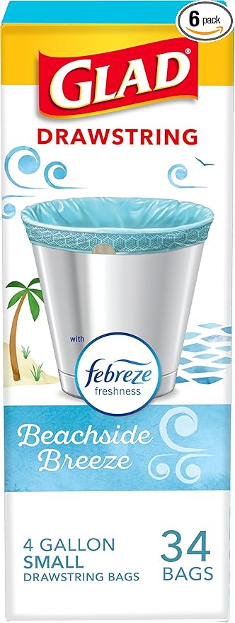 Glad Small Trash Bags 4 Gallon, Febreze Beachside Breeze Garbage Bags, Odor Resistant with Drawstring, 34 Count