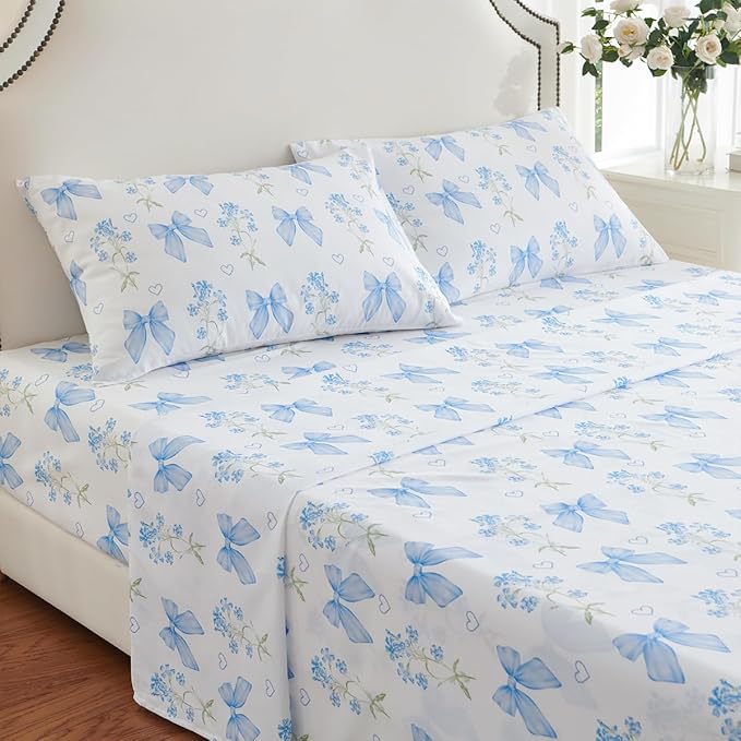 Blue Bow Sheet Set Twin Garden Floral Fitted Sheet Set for Girls Kids Soft Microfiber Fitted Flat Sheets & Pillowcases Cute Princess Style Bowknot Bedding Sets Toddlers 3 Pieces