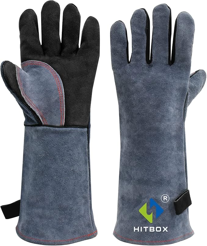 HITBOX Extreme Heat & Fire Resistant Gloves with Kevlar Stitching 16 ‘’ 932℉ Leather Fire Gloves for Arc Tig Mig Wood Stove Oven BBQ Grill Pot Holder Barking Animal Handling – Free Size for Men Women