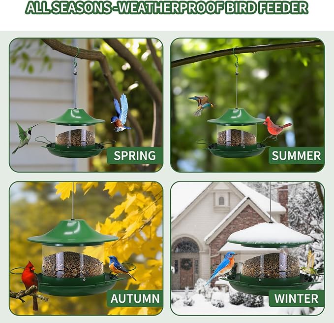 Metal Bird Feeder for Outdoors, Large Capacity Weatherproof Rustproof Wild Bird Feeder with Drainage, Easy to Clean Anti-Squirrel Hanging Feeder for Garden Décor, Nature Green