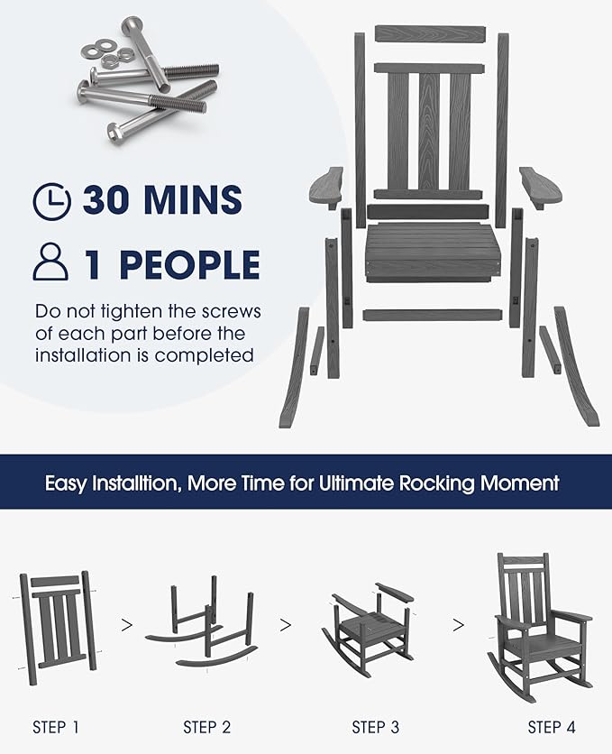 KINGYES Oversized Outdoor Rocking Chair Set of 6, All-Weather Patio Rocking Chairs for Porch, HDPE Outdoor Patio Rockers with High Back & Wide Seat for Garden, Lawn, Gray