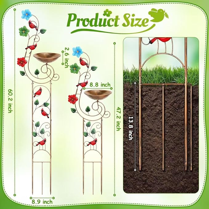 Bird Baths with Trellis for Climbing Plants Outdoor, Small Garden Plant Trellis, Metal Birdbath Birdfeeder Bird Water Feeder with Iron Bowl, Antique Plant Support Structures (Redbird)