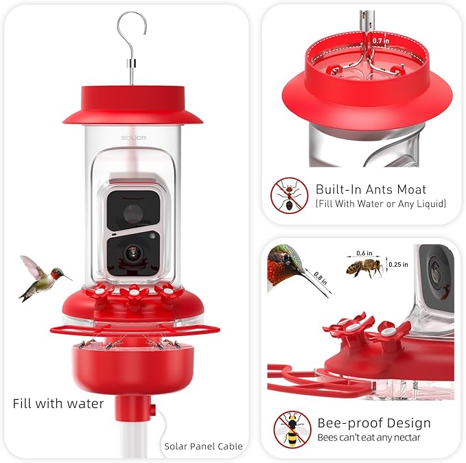 Soliom Hummingbird Feeder with Camera, Smart Bird Feeder Camera with 2K Live View AI Identify Species, Leak Proof & Ant Moat & Bee Proof, Outdoor Pole/Hook Hanging, 16 OZ Ideal Gifts for Family-Red