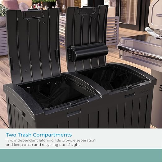 Suncast Dual Trash Hideaway Cabinet for Garbage and Recycle Bags, Discrete Outdoor Trash Cabinet with Concealed Trash Bag Holders, Holds Two 33-Gal. Bags, Made in the USA