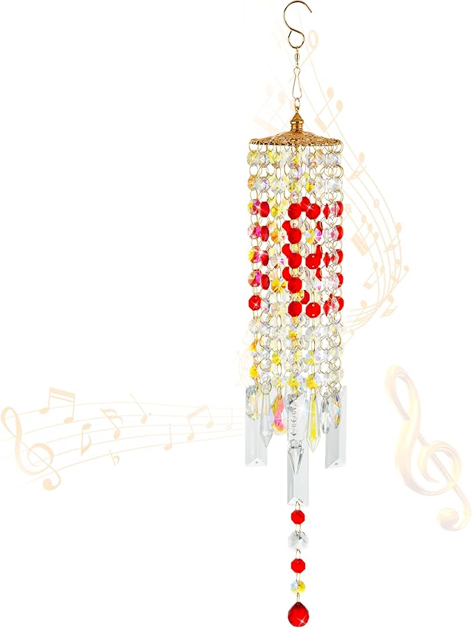 Crystal Wind Chimes for Outside with Rainbow Light Reflections Glass Bells and Rose Gold Alloy Hooks Indoor Outdoor Decor for Home Garden Patio Porch Birthday House Warming (Red-Love)