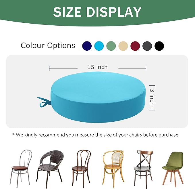 Outdoor Bistro Chair Cushions Set of 2, 15" D x 3" H Round Chair Cushions Waterproof and Fade Resistant Chair Cushion Pads with Non-Slip Ties and Removable Covers for Garden, Teal